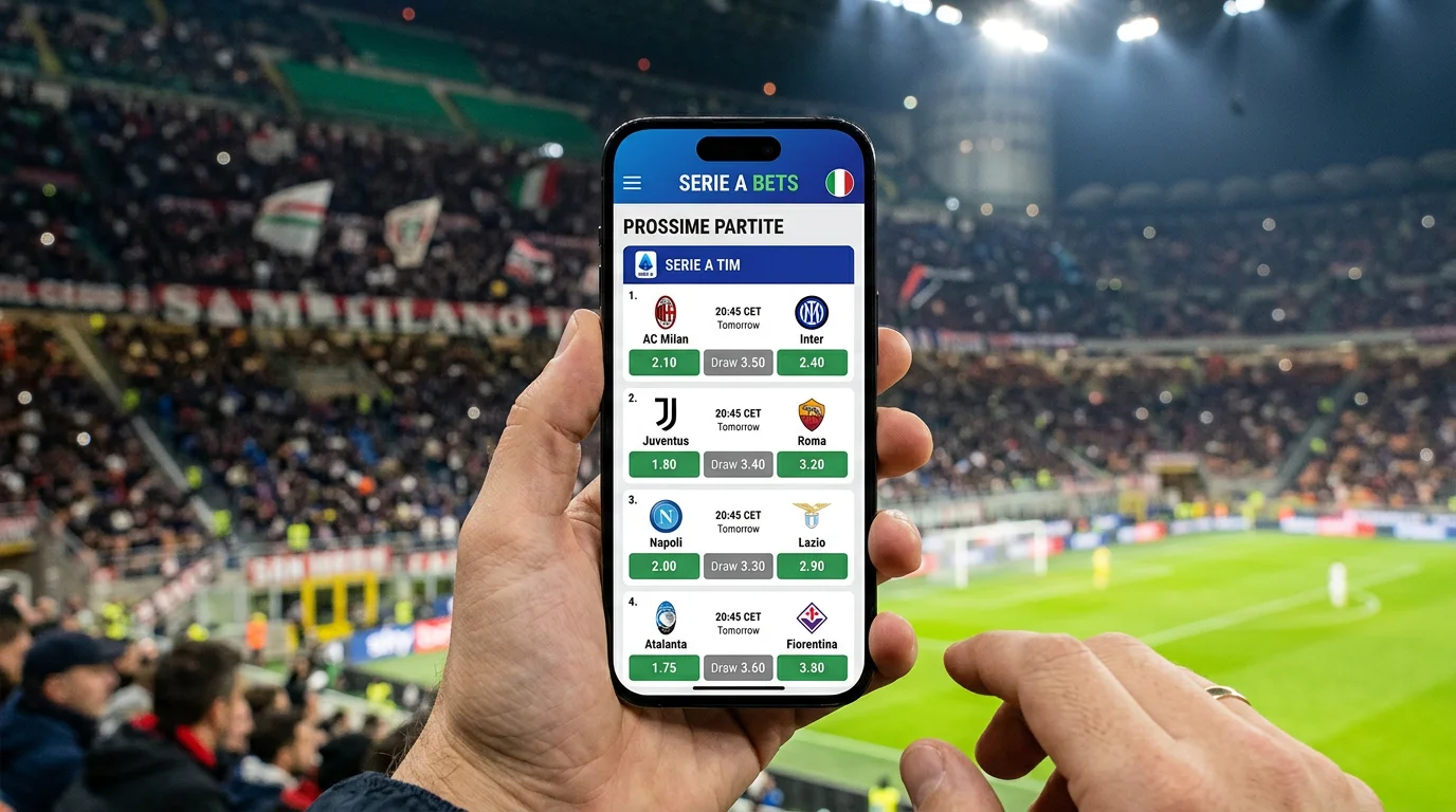 Smartphone mostrando aplicación de apuestas con partido de Serie A
