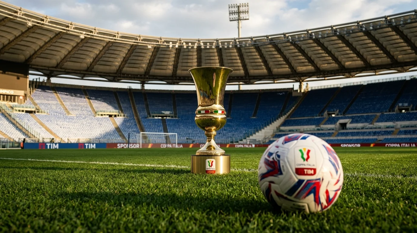 Trofeo de la Coppa Italia junto a balón de fútbol en césped de estadio