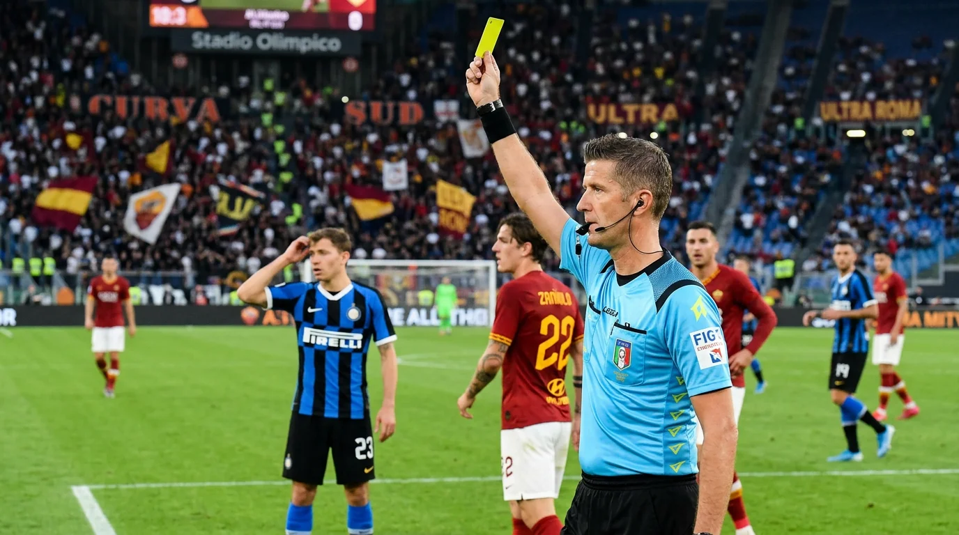 Árbitro de fútbol mostrando tarjeta amarilla en partido de Serie A italiana