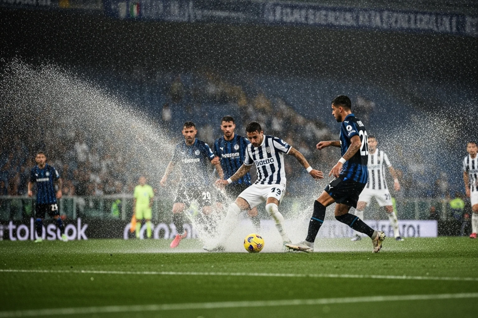 Partido de Serie A jugándose bajo lluvia intensa en estadio italiano