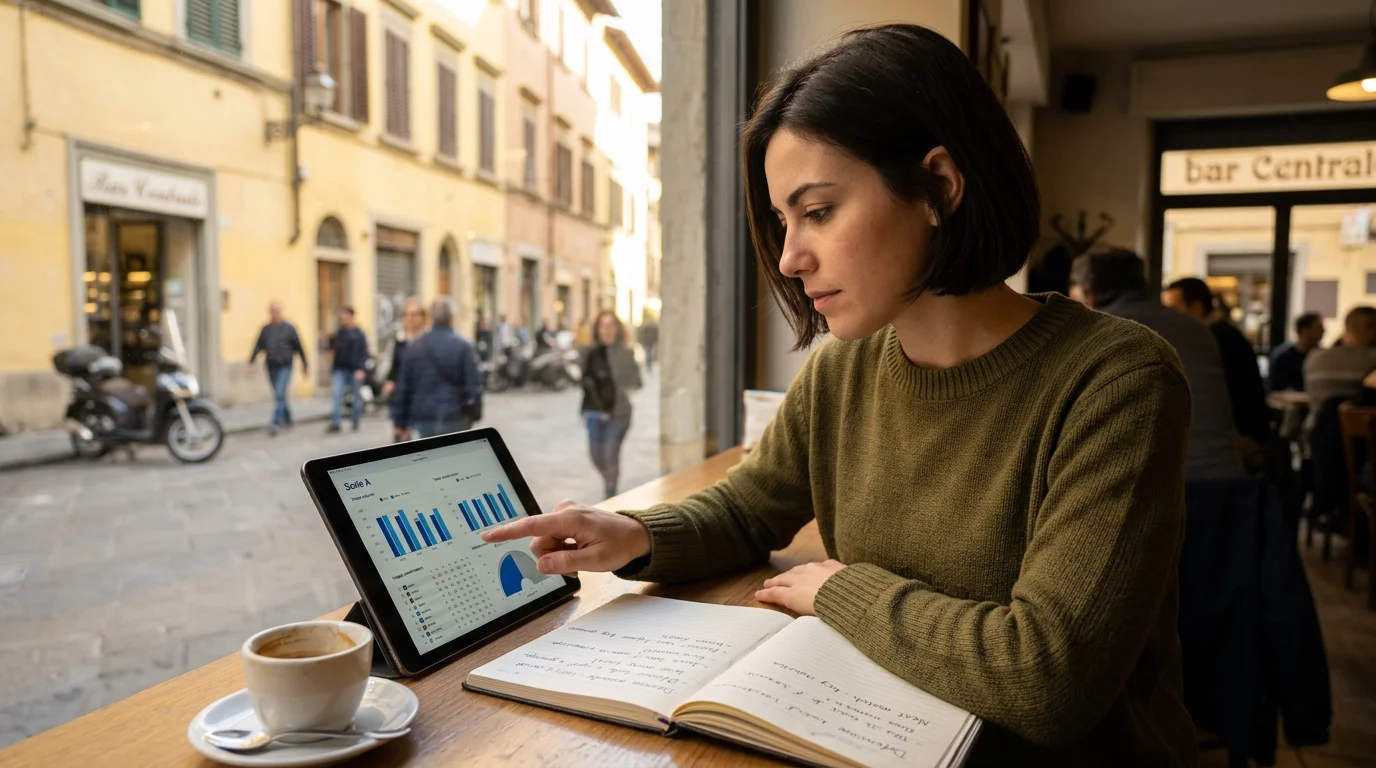 Persona analizando estadísticas de fútbol italiano en tablet antes de realizar una apuesta