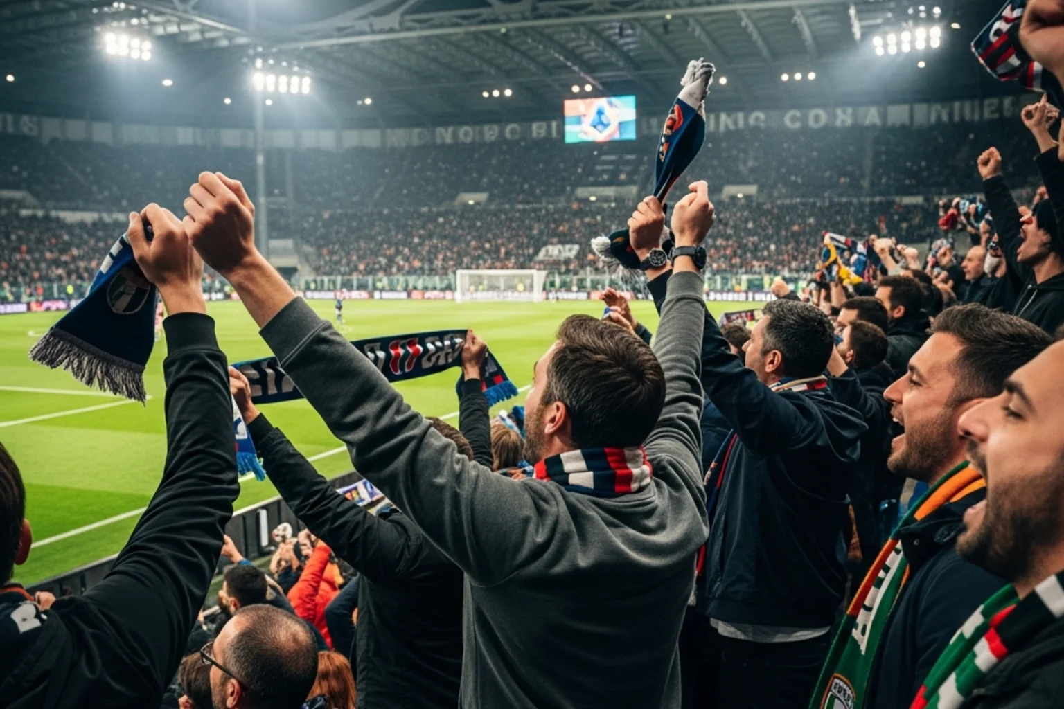 Aficionados en estadio italiano celebrando un gol durante partido nocturno de Serie A