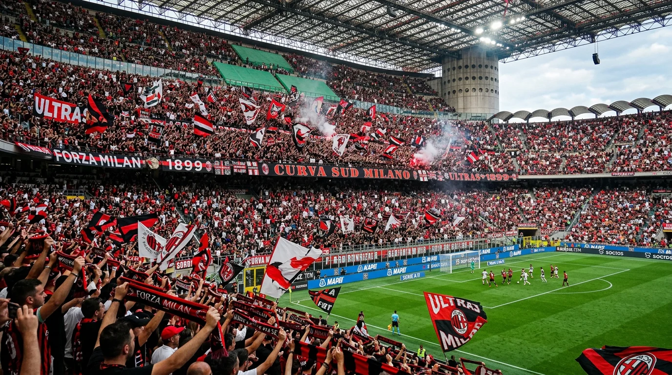 Estadio de fútbol italiano lleno de aficionados locales animando a su equipo