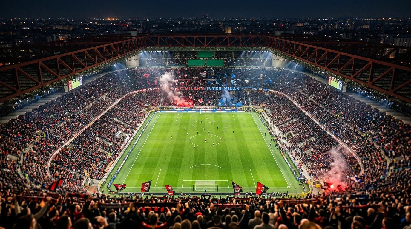 Estadio de Serie A con aficionados durante un partido nocturno de calcio italiano