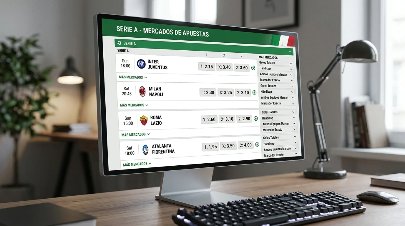 Panel de mercados de apuestas de fútbol italiano mostrando opciones 1X2, over/under y BTTS
