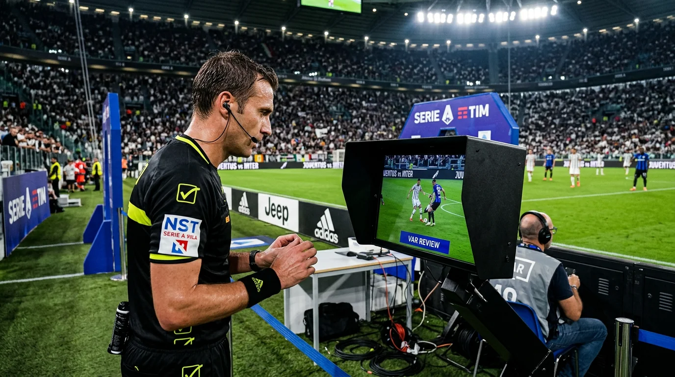 Árbitro de Serie A revisando jugada en pantalla del VAR